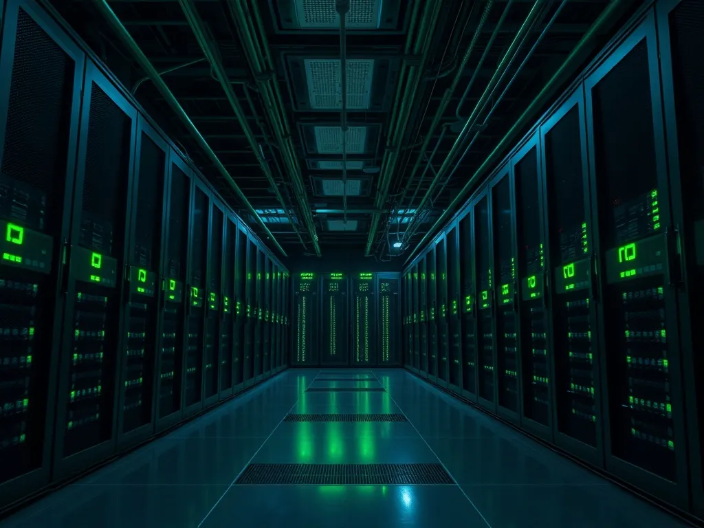 A high-tech server room with green status lights in a dark i